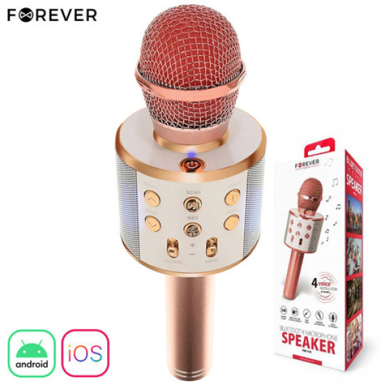 FOREVER BMS-300 mikrofon i zvučnik, Bluetooth, USB, microSD, AUX-in, ECHO mod, modulacija glasa, KARAOKE, ružičasto zlato