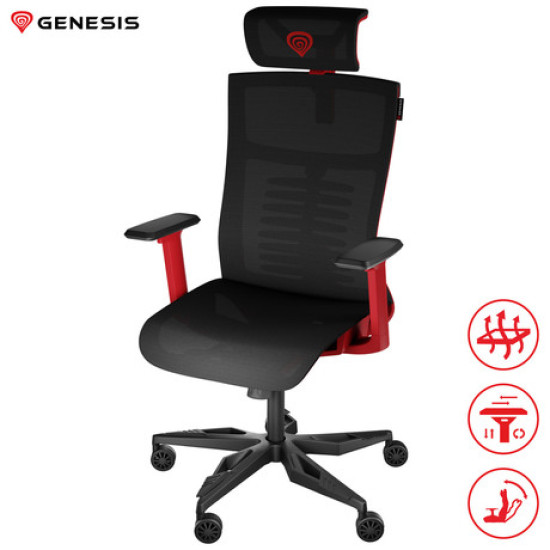 GENESIS ASTAT 700 gaming/uredska stolica, ergonomska, PureFlowPLUS™ tehnologija, ExoBase™ konstrukcija, CareGlide™ kotači, podesiva visina/nagib, crno-crvena