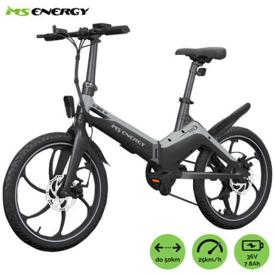 Električni bicikl MS ENERGY i10, sklopivi, gume 20", motor 250W, 6 brzina Shimano, do 50km, do 25km/h, baterija 36V 7.8Ah, crno siva