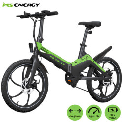 Električni bicikl MS ENERGY i10, sklopivi, gume 20", motor 250W, 6 brzina Shimano, do 50km, do 25km/h, baterija 36V 7.8Ah, crno zelena