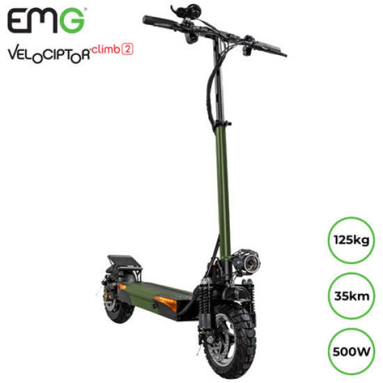 NOVO - Električni romobil TREVI Velociptor CLIMB 2, ES111OR OFF ROAD, 10'', sklopivi, LED rasvjeta, LED displej, motor 500W, domet do 35km, do 125kg, 6x ovjes, žmigavci, crno-zeleni