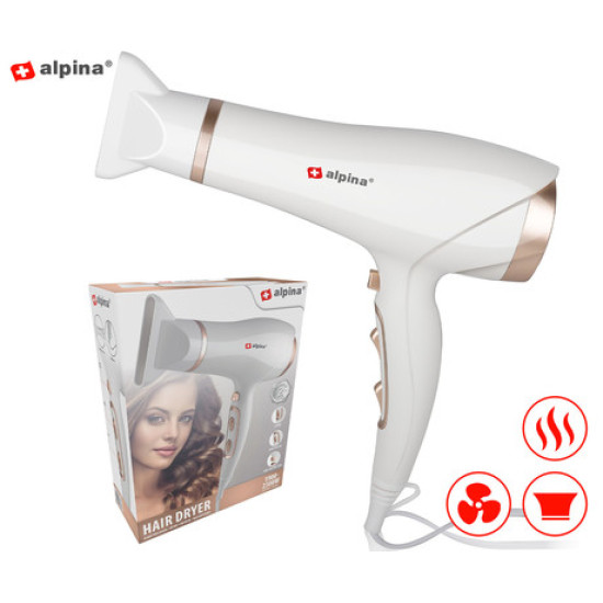 ALPINA sušilo za kosu, 2300W, 3 stupnja topline, 2 brzine, hladno puhanje, pričvršćeni nastavak, bijeli ALPINA sušilo za kosu, 2300W, 3 stupnja topline, 2 brzine, hladno puhanje, pričvršćeni nastavak, bijeli