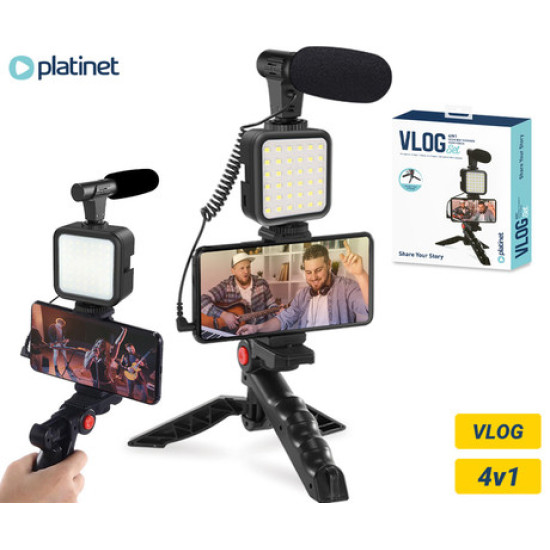Platinet PMVG4IN1 4u1 VLOG komplet za snimanje, mikrofon, LED svjetlo, držač, postolje, univerzalno