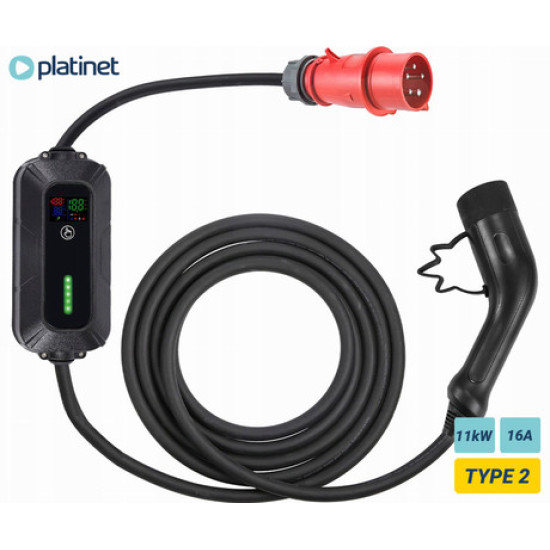 Platinet PPC32AT prijenosni EV električni punjač, ​​11kW, 5m, za električna / hibridna vozila, TIP 2, SCHUKO adapter, LED displej, torba