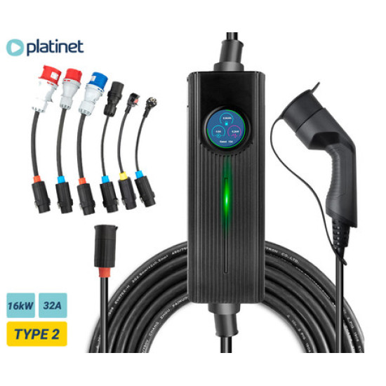 Platinet PC050EV prijenosni EV električni punjač, 16kW, 6m, 6 adaptera, za električna / hibridna vozila, TIP 2/SCHUKO/UK/CEE, LED zaslon osjetljiv na dodir, torba Platinet PC050EV prijenosni EV električni punjač, 16kW, 6m, 6 adaptera, za električna / hibridna vozila, TIP 2/SCHUKO/UK/CEE, LED zaslon osjetljiv na dodir, torba