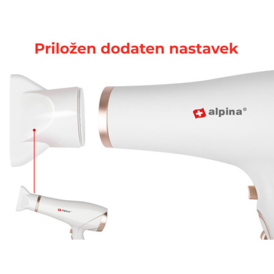 ALPINA sušilo za kosu, 2300W, 3 stupnja topline, 2 brzine, hladno puhanje, pričvršćeni nastavak, bijeli ALPINA sušilo za kosu, 2300W, 3 stupnja topline, 2 brzine, hladno puhanje, pričvršćeni nastavak, bijeli