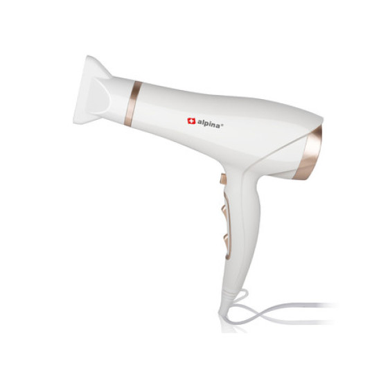 ALPINA sušilo za kosu, 2300W, 3 stupnja topline, 2 brzine, hladno puhanje, pričvršćeni nastavak, bijeli ALPINA sušilo za kosu, 2300W, 3 stupnja topline, 2 brzine, hladno puhanje, pričvršćeni nastavak, bijeli
