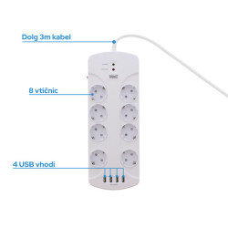 Prenaponska zaštita WELL EXTS-8S3M, 8x utičnica 230V + 4x USB, 16A, 3680W, 3m Prenaponska zaštita WELL EXTS-8S3M, 8x utičnica 230V + 4x USB, 16A, 3680W, 3m