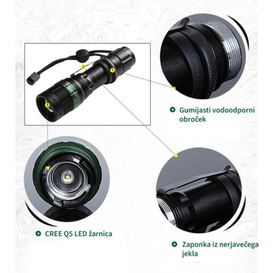 PLATINET prijenosna LED svjetiljka (Flashlight) PAFZ3W, Alu, ZOOM, CLIP kabel