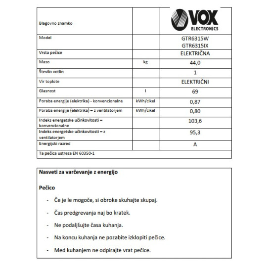 VOX kombinirani štednjak GTR 6315W (3x plin, 1x struja)