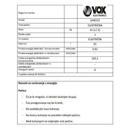 VOX kombinirano kuhalo GHB 522 (2x struja, 2x plin) VOX kombinirano kuhalo GHB 522 (2x struja, 2x plin)