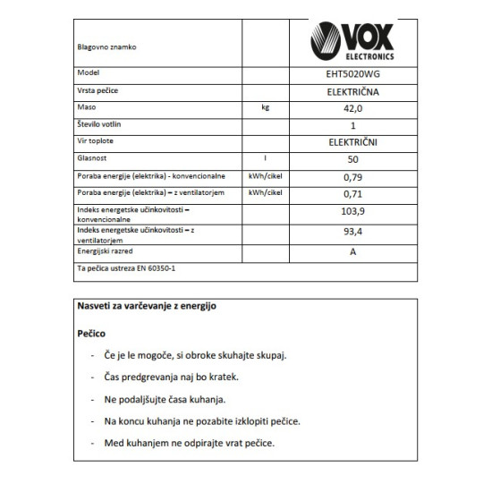 VOX električni štednjak EHT 6020 WG (4x struja)