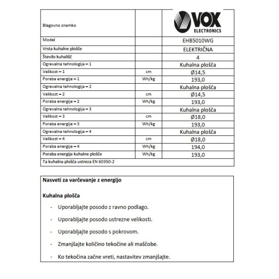 VOX električni štednjak EHB 5010 WG (4x struja)