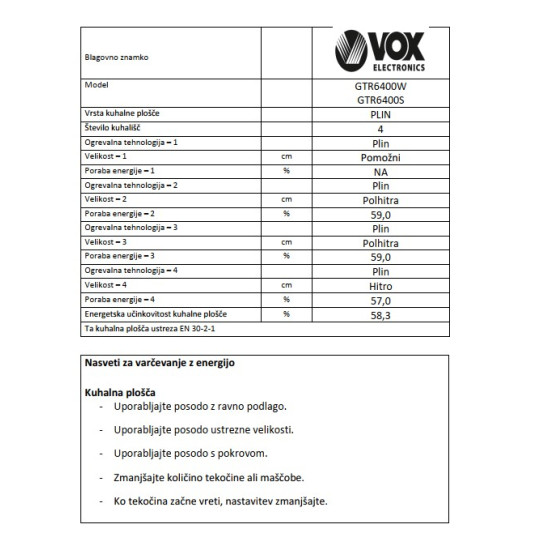 VOX plinski štednjak GTR 6400 S (4x plin) VOX plinski štednjak GTR 6400 S (4x plin)