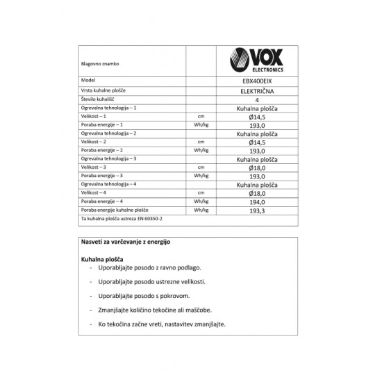 VOX ugrađena električna ploča EBX400 EIX VOX ugrađena električna ploča EBX400 EIX