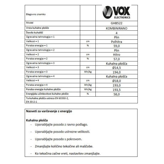 VOX kombinirano kuhalo GHB 522 (2x struja, 2x plin) VOX kombinirano kuhalo GHB 522 (2x struja, 2x plin)
