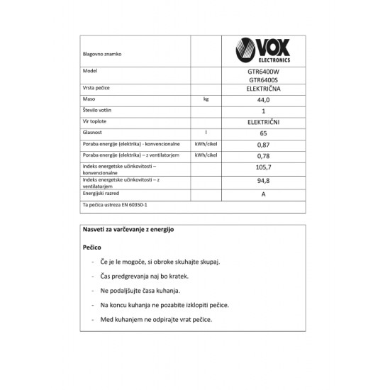 VOX plinski štednjak GTR 6400 W (4x plin) VOX plinski štednjak GTR 6400 W (4x plin)
