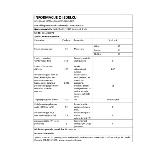 VOX Perilica suđa LC 12A15-B IX E [E, 12 pogr., 6 programa, zaslon, inox]