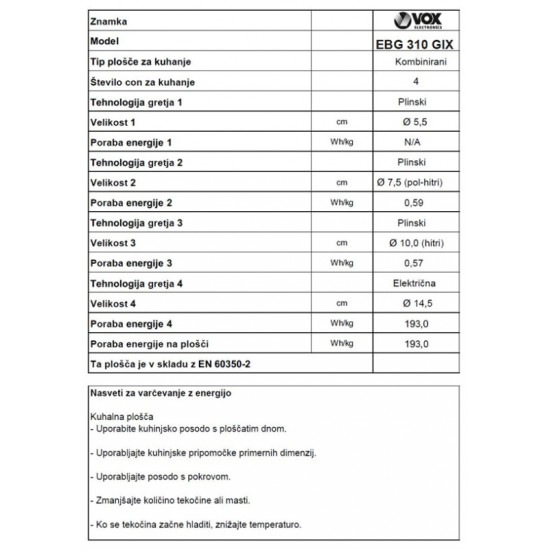VOX ugradbena ploča za kuhanje EBG 310 GIX VOX ugradbena ploča za kuhanje EBG 310 GIX