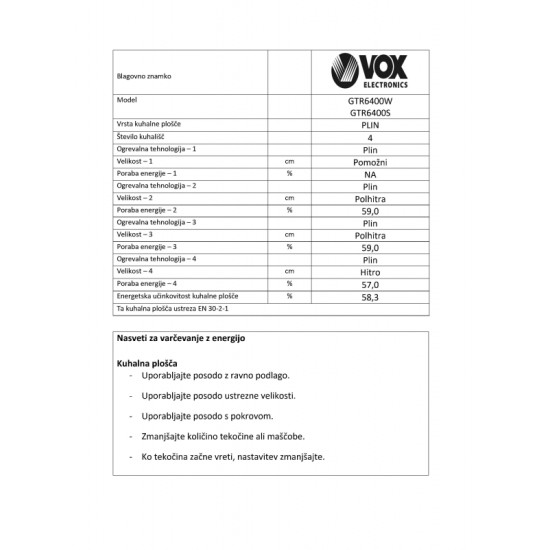 VOX plinski štednjak GTR 6400 W (4x plin) VOX plinski štednjak GTR 6400 W (4x plin)