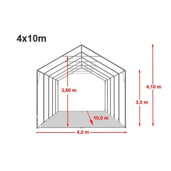 Šator za skladištenje 4x10 m - bočna visina 3,0 m sa patentnim zatvaračem, PVC 850