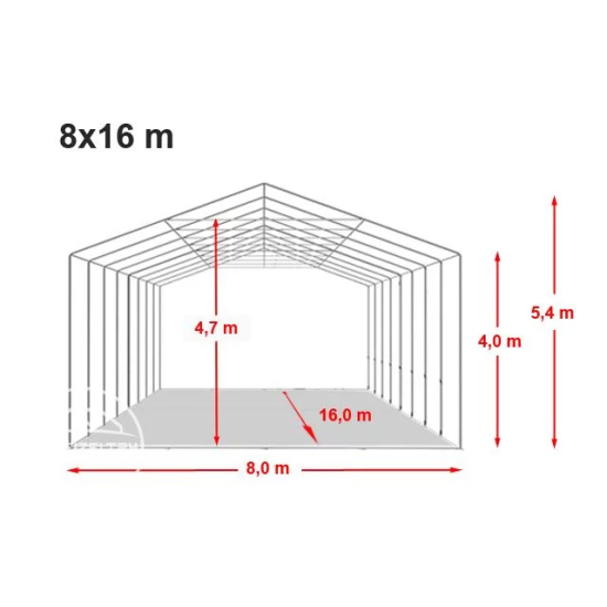 Skladišni šator 8x16 m - bočna visina 4,0 m s patentnim zatvaračem, cerada PRIMEtex 2300, negoriv 