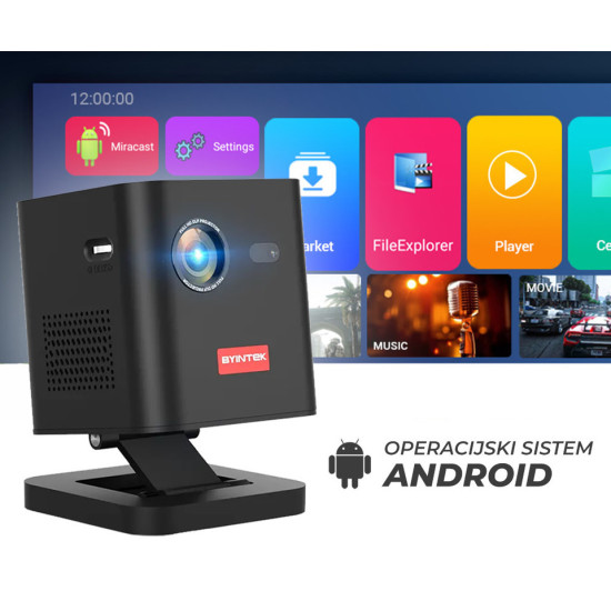BYINTEK P19 prijenosni 3D LED DLP projektor, Android, WiFi, Bluetooth, 2GB+32GB, baterija, 350 lumena, zvučnici, max 4K UHD, HDMI + ugrađeni stalak + torbica