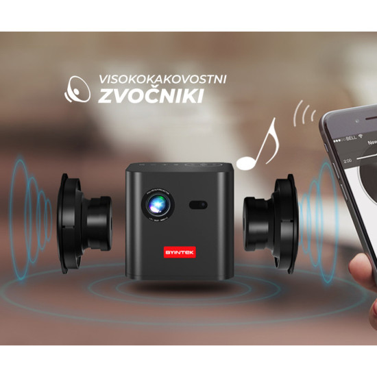 BYINTEK P19 prijenosni 3D LED DLP projektor, Android, WiFi, Bluetooth, 2GB+32GB, baterija, 350 lumena, zvučnici, max 4K UHD, HDMI + ugrađeni stalak + torbica